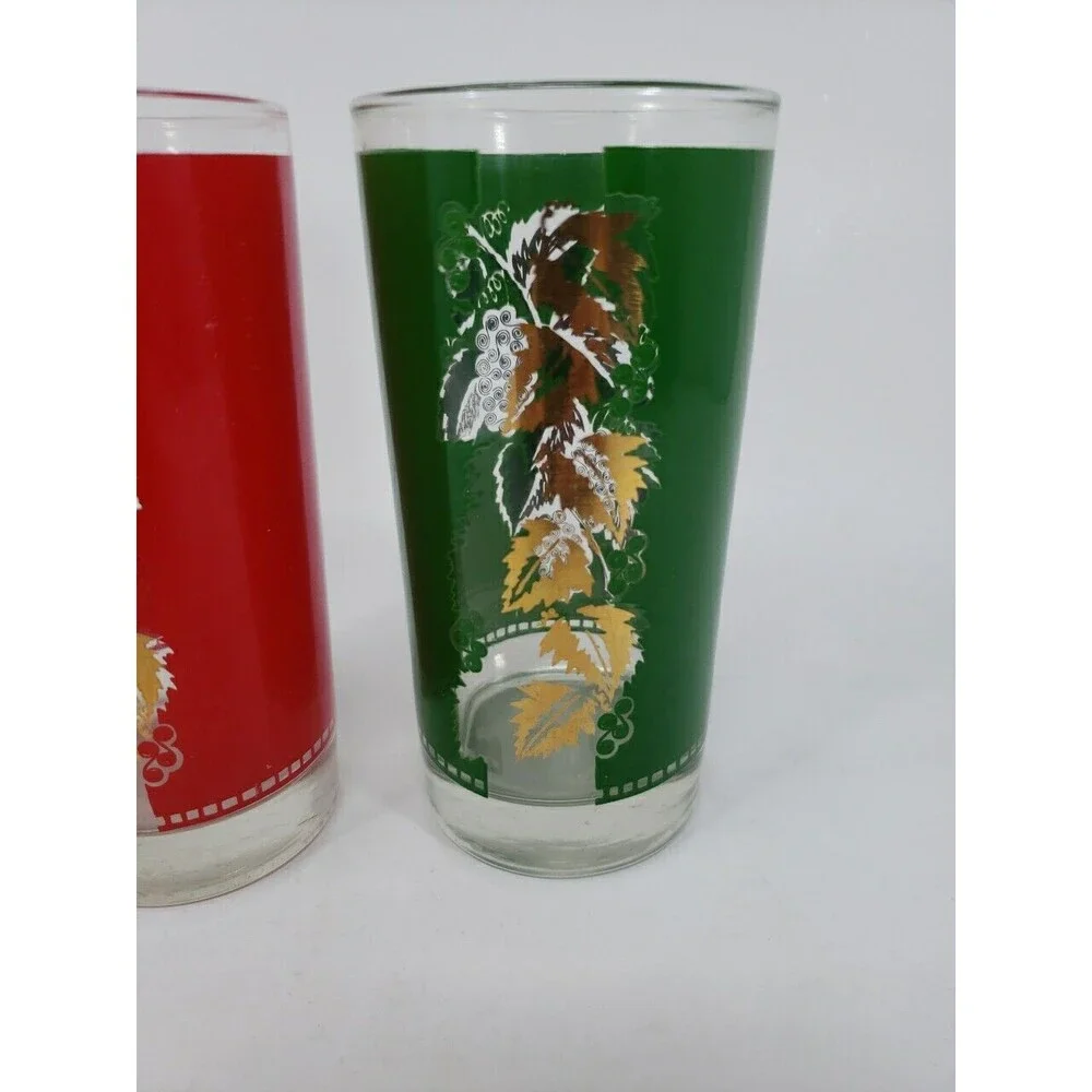 Vintage Libbey Grape Leaf Design Glasses Red Green Gold Christmas 12 oz MCM USA